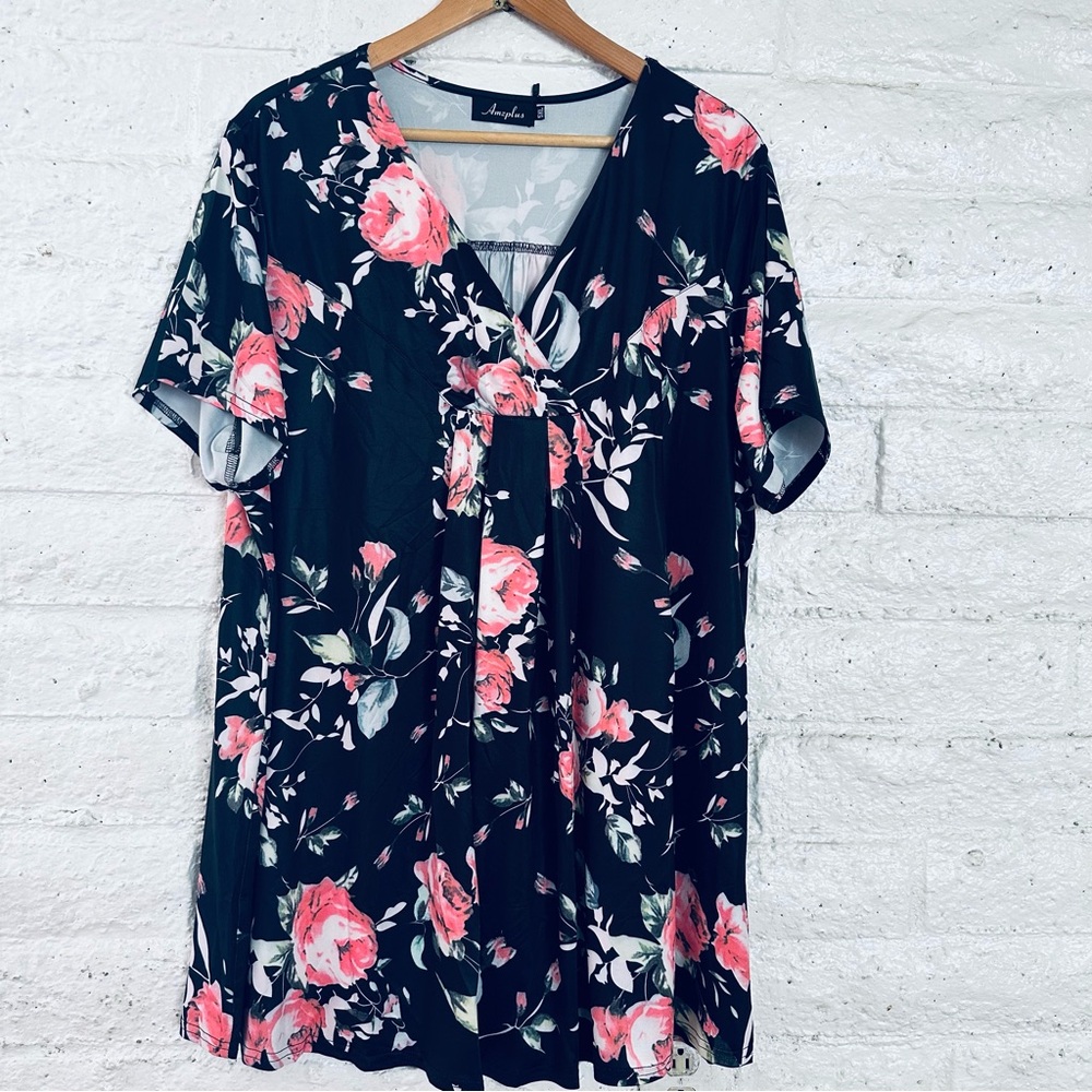 Amzplus Blouse Womens 5XL black Tunic V Neck Flowy Short Sleeve
